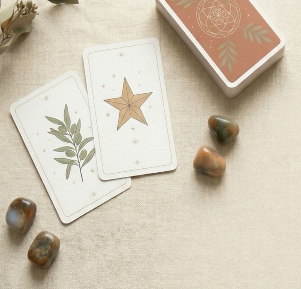 Cartas de tarot sobre uma toalha de linho, com pedras e folhas